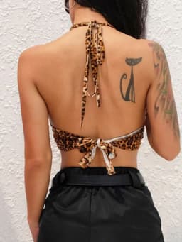 Leopard Print Halter Crop Top for Women Backless Bandage Lace-Up Sequin Metal Ring Detail Party Club Bustier 2025 Style