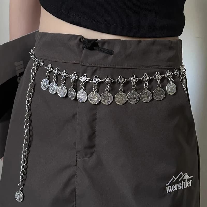 1pcs ethnic style metal belt with long coin pendant for women, vintage and versatile accessory suitable for daily wear.