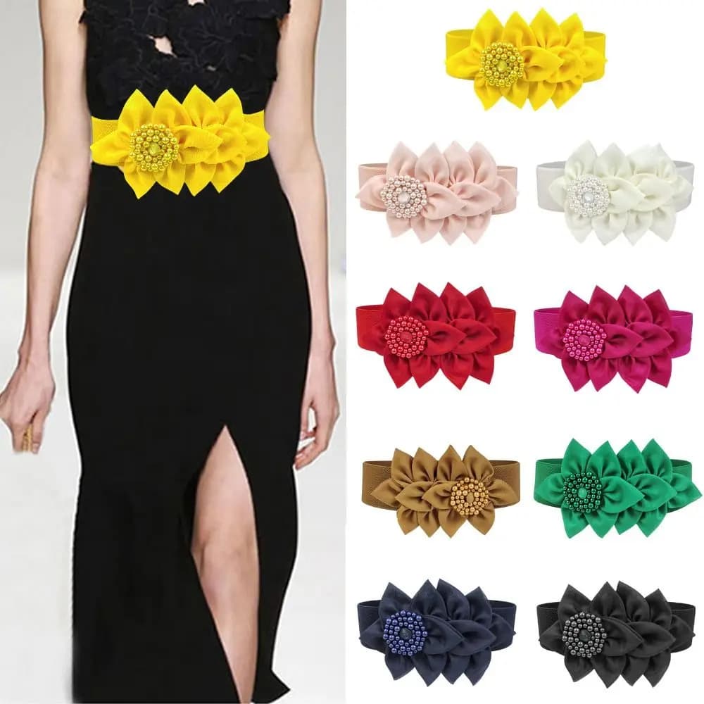 Flower Decoration Wide Waist Belt Dress Coat Suit Decorative Waistband Women Stretch Waistband