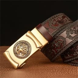 Men Genuine Leather Belt Luxury Gold Lion Metal Automatic Buckle Cowhide Belts for Men Jeans Waistband Male Strap Black