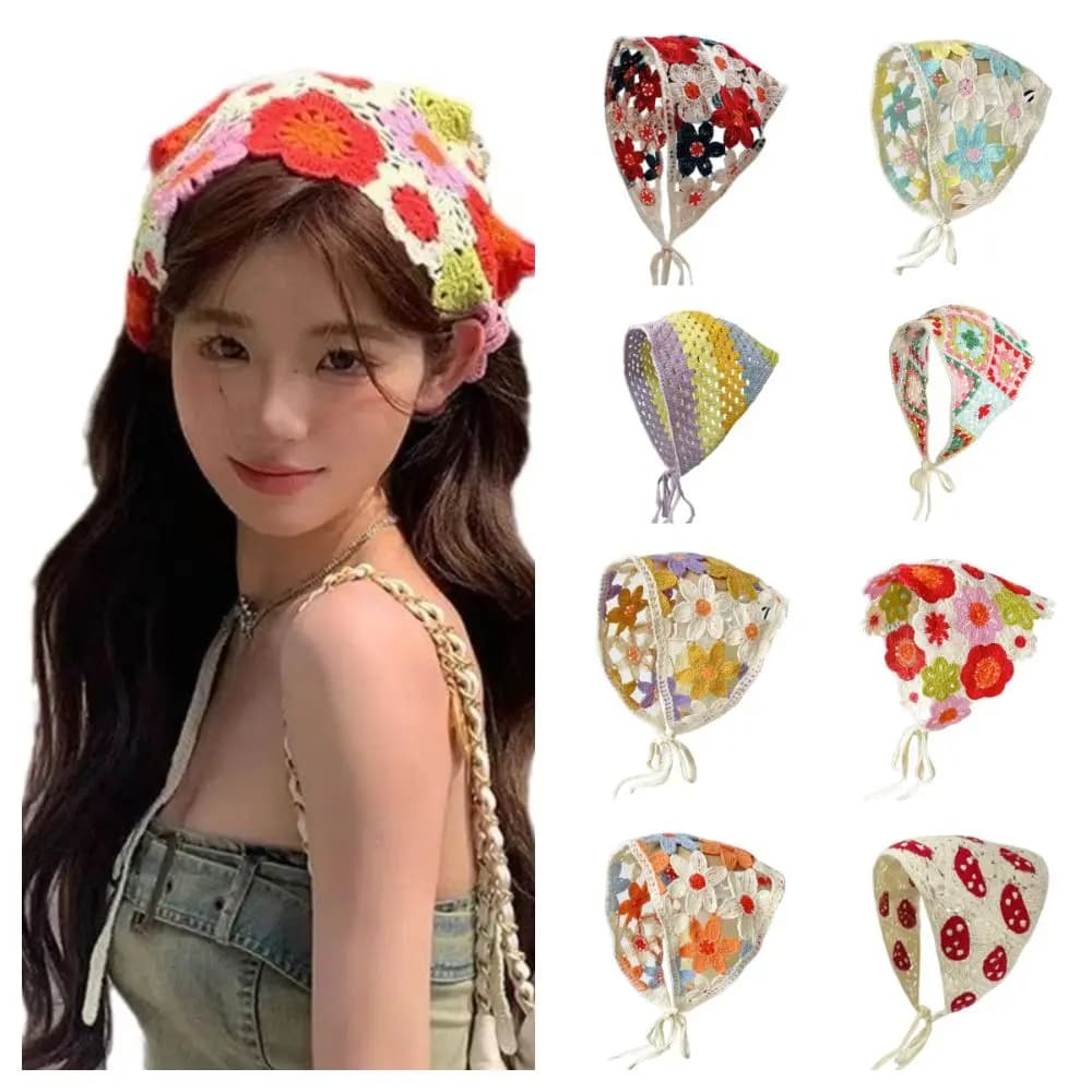 Creative Multicolor Knitting Flower Headband Little Daisy French Crochet Triangle Headscarf Spring Outing Pastoral Style Scarf