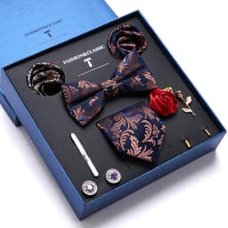 High Quality Holiday Gift Box 7.5 CM Blue Floral Tie Hanky Pocket Squares Cufflink Clip Set Necktie For Man Birthday Present