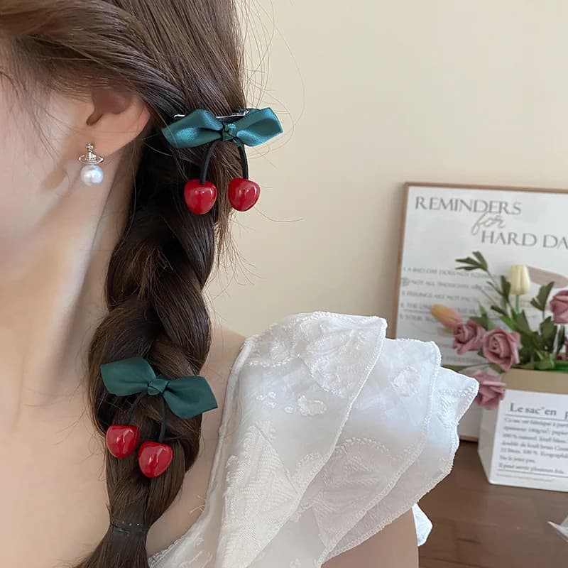 1/2 Pcs Partysu Red Cherry Leaf Resin Small Duckbill Hair Clips for Women New Sweet Side Fringe Bangs Clip Head Accessories Sets