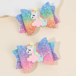 2Pcs Rainbow Unicorn Cartoon Hair Clip Kawaii Sweet Pastel Glitter Bow Hairpin For Girls & Kids Headwear Children's Accessories