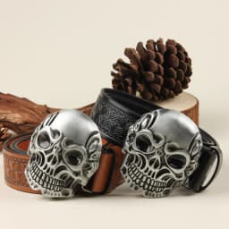 1 Western Cowboy Ancient Silver Multiple Ghost Head Skull Large Plate Buckle Belt Trendy Retro Society Young Men Punk PU Leather