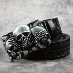 1 Western Cowboy Ancient Silver Multiple Ghost Head Skull Large Plate Buckle Belt Trendy Retro Society Young Men Punk PU Leather