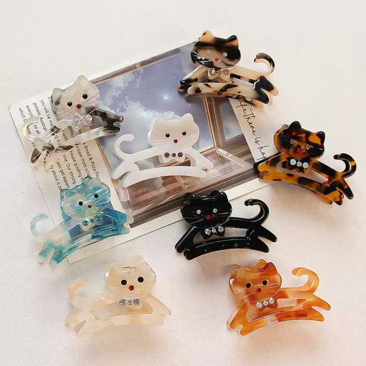 1pc Korean Cute Kitten Point Drill Acetic Acid Grab Girl Sweet Side Medium Half a Ponytail Nappy Little Hair Clip