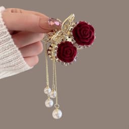 1pc Vintage Elegant Red Flocked Rose Tassel Hair Clip Stylish Ponytail Claw Crab Clip for Girls Women Delicate Hair Accessories