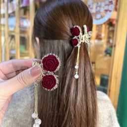 1pc Vintage Elegant Red Flocked Rose Tassel Hair Clip Stylish Ponytail Claw Crab Clip for Girls Women Delicate Hair Accessories