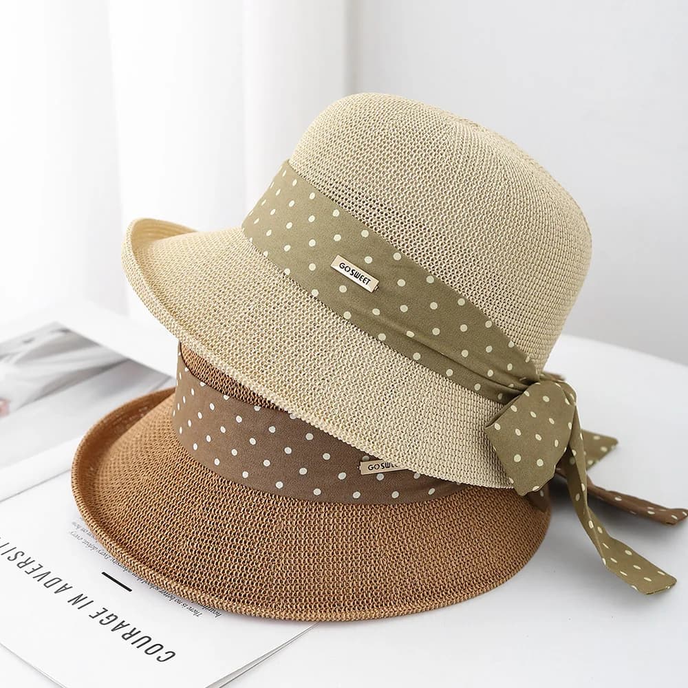 Women's Fashion Curled Sun Hat Sweet Dot Bow Seaside Outdoor Hat Breathable Design For Summer Beach Travel Sunshade 2025 New