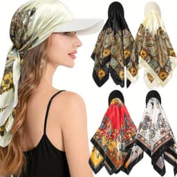 AWAYTR Floral Print Silk Square Scarf Hat Women Soft Satin Kerchief Hairband Neckerchief Head Hijab Lady Headband Headwear