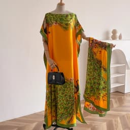 NEW Fashion Summer Dress With Big Scarf Dubai Turkey Kaftan Muslim Loose Abaya Women African Casual Maxi Peacock Shawl Robe