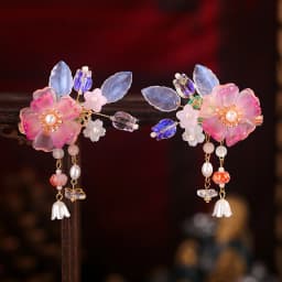 Retro Chinese Style Pink Flower Hairpins Side Clips Pearls Pendant Hair Pin Floral Headpieces Women Girls Daily Hair Jewelry