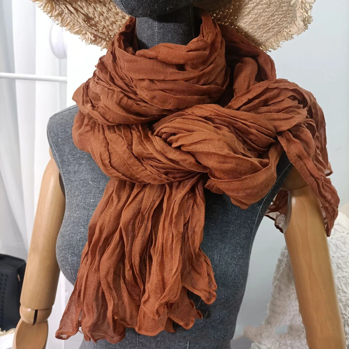 Solid Color 180*90cm Cotton Linen Scarf Retro Autumn Winter New Warm Silk Pleated Retro Thin Long Strip Shawl Men and Women's