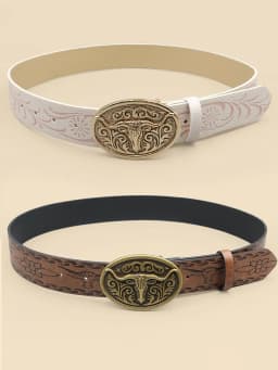 Western Cowboy Style Vintage Casual Belt - Ox Head Carved Buckle & Bohemian Print, Perfect for Daily Commute & Dating Outfits