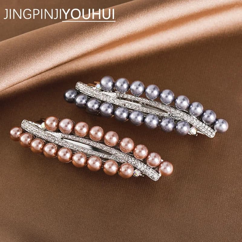 New color double row imitation pearl spring clip vintage zircon boutique horizontal clip elegant mother fashion hair accessories