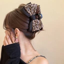 1pc elegant classic stylish leopard print element hair claw, double-layer fabric leopard print bow hair claw shark clip