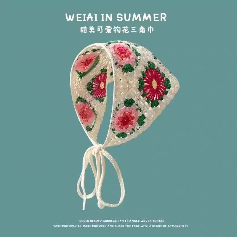 Korean Sweet Cute Handmade Crochet Hollow Triangle Headband Towel Women Spring and Summer Travel Literary Photo Hair Scarf