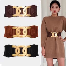 Golden CC Hook Buckle Elegant Belts for Women Retro Elastic Wide Belt Female Ladies Elastic Girdle with Skirt Dress Decorative