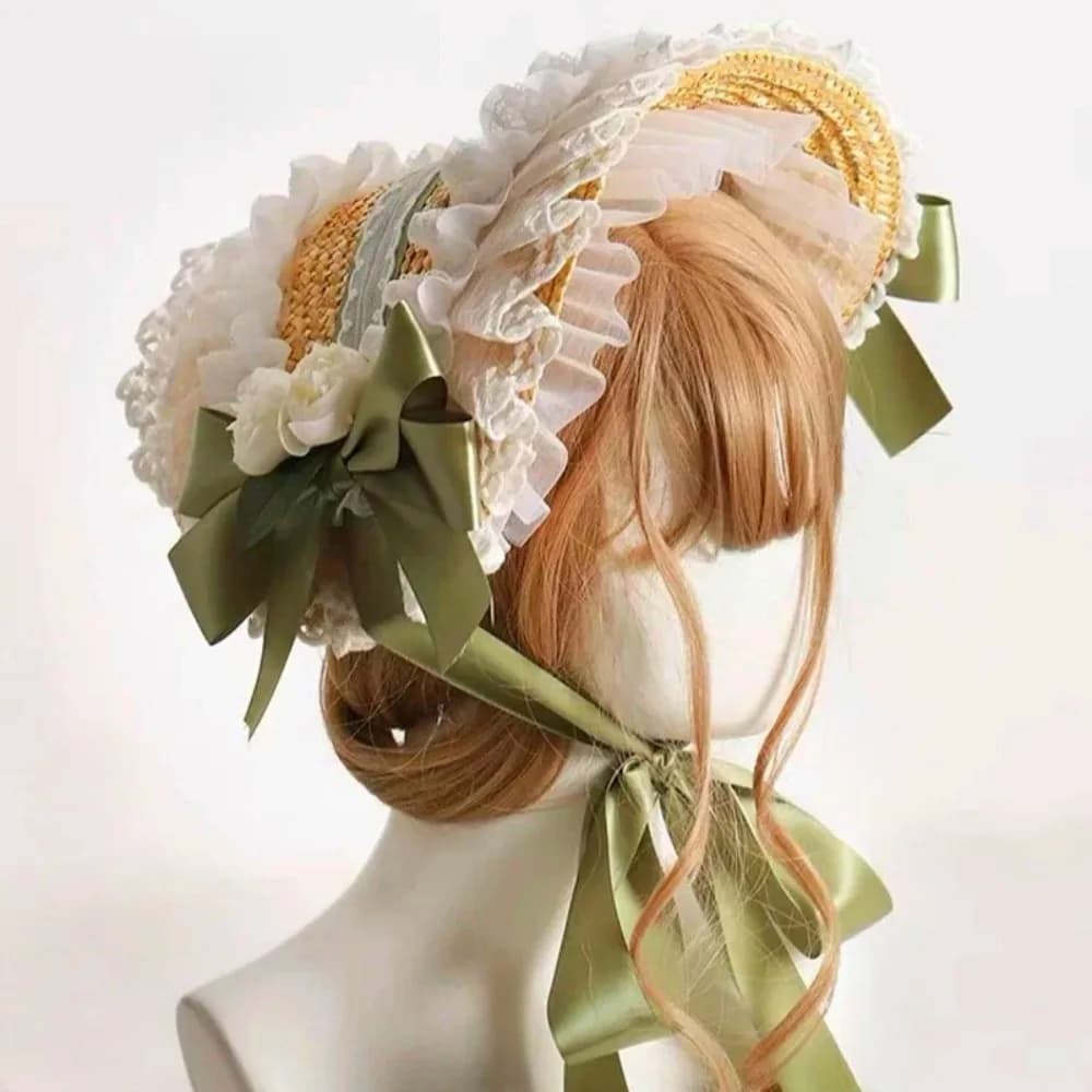 New French Rural Style Lolita Straw Hat Ribbon Bow with Strap Ribbon Flower Beach Hat Hair Accessories Ruffle Lace Flat Top Hat