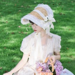 New French Rural Style Lolita Straw Hat Ribbon Bow with Strap Ribbon Flower Beach Hat Hair Accessories Ruffle Lace Flat Top Hat