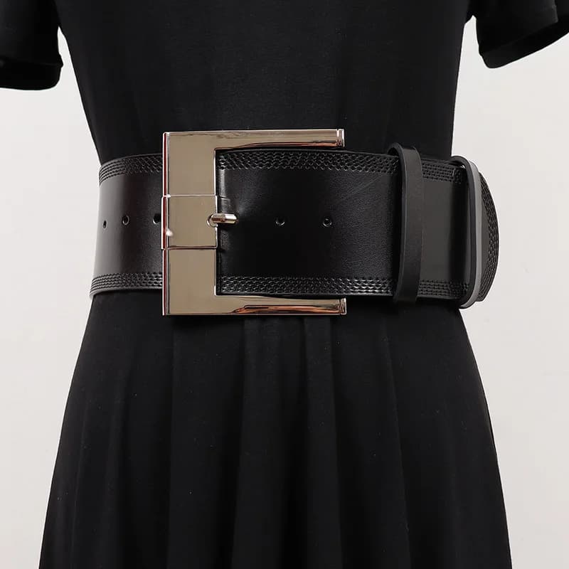 Wholesale Vintage Gold Silver Square Buckle Wide Cowhide Waist Belt for Women Plain Black Coffee Real Cow Leather Ceinture Femme