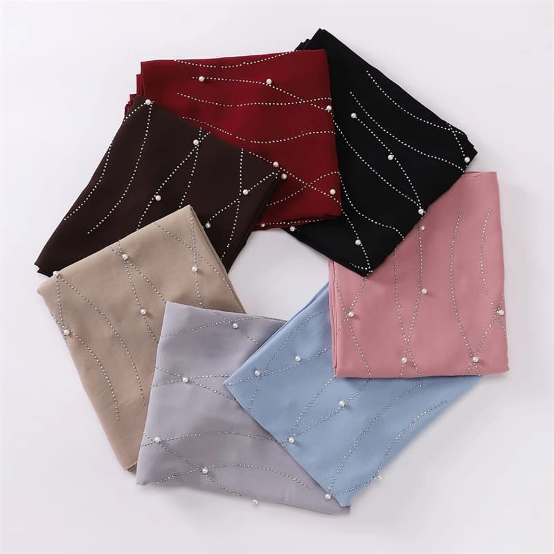 Plain Pearl Bubble Rhinestone Chiffon Shawl Scarf High Quality Shimmer Beads Headband Wrap Foulard Muslim Hijab