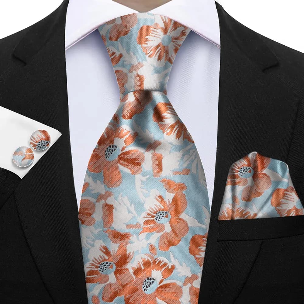 Premium 3-Piece Floral Tie Set - Polyester Silk Tie, Pocket Square & Cufflinks - Elegant for Weddings & Formal Occasions