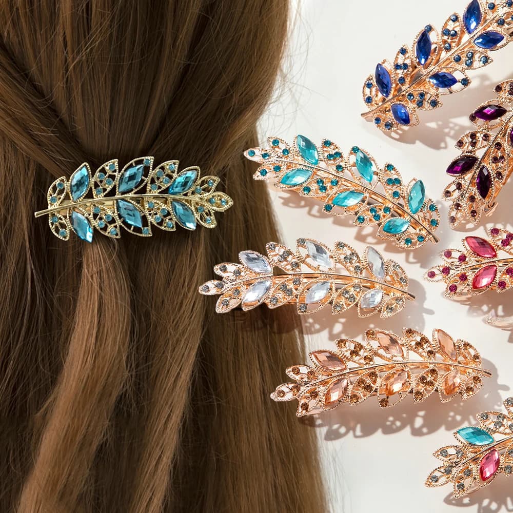 Sparkly Rhinestone Leaf Shaped Barrettes Hairpin Non-Slip Crystal Spring Hair Clips For Women Girls Thin Thick Hair French Style