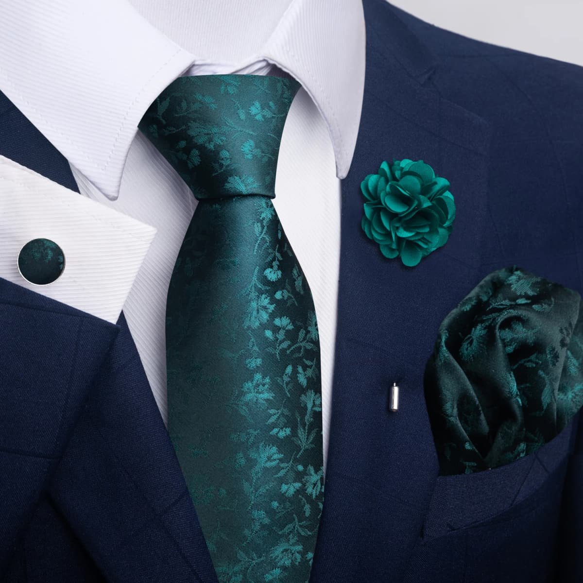 Brand Fashion Luxurious Green Floral Necktie Pocket Square Cufflinks Brooch Set Man Suit Accessories Birthday Present