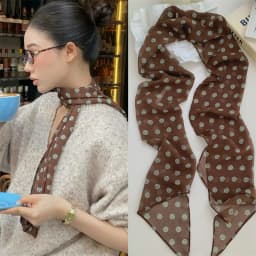 2026 New Ins Style Brown Chiffon Polka Dot Long Silk Scarf Multifunctional Accessory Neck Women's Headband Tie Hair Towel