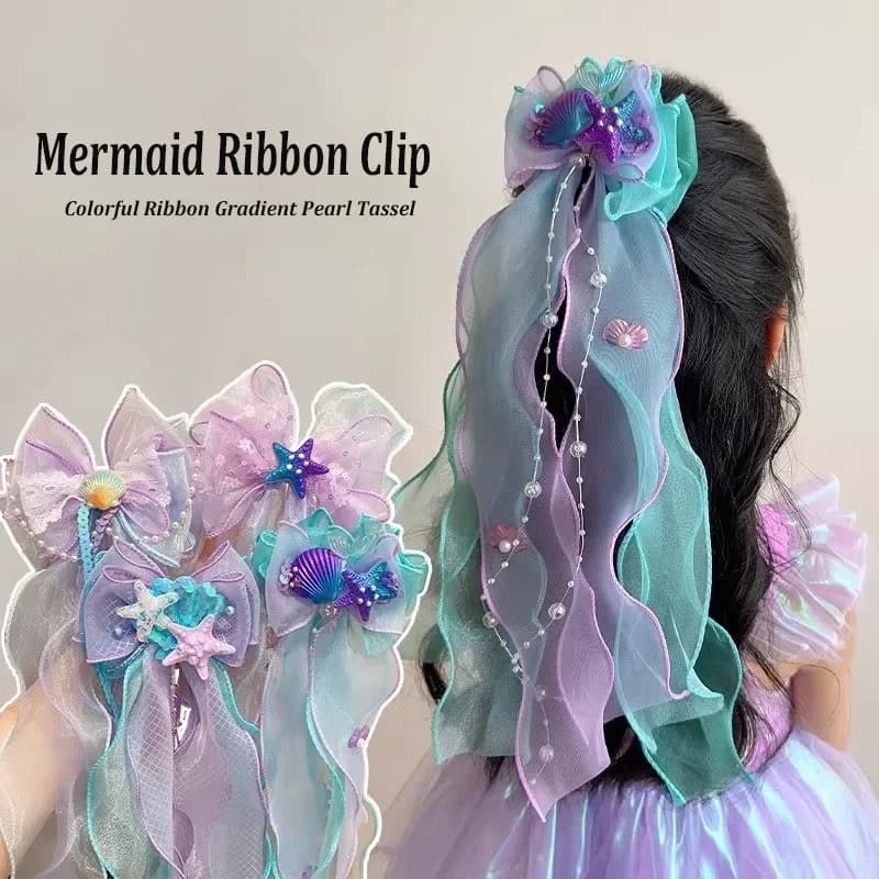 Mermaid Long Ribbon Pearl Hair Clip for Kids Cute Daily Wear Ponytail Clip Fashion Girl Photograph Haripin Hair Accessories