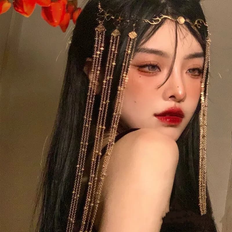 Fairy Long Tassel Veil Hair Ornaments Headband Forehead Chain Face Curtain Retro Luxury Crystal Headdress Women Hair Accessories