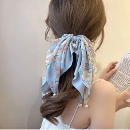 1PC Floral Print Satin Hair Scrunchies with Ribbon & Pearl Accents, Elegant Hair Ties for Women, Charming Hair Accessories Set