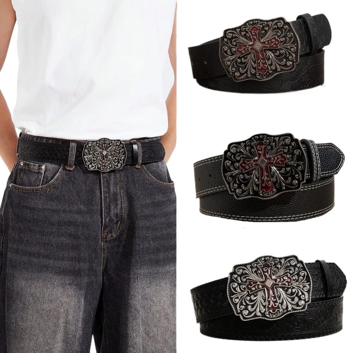 1pc Men's Y2k Punk Petal Cross Buckle Casual Black Belt, A Versatile Decorative Belt for Jeans, Suitable for Daily Travel