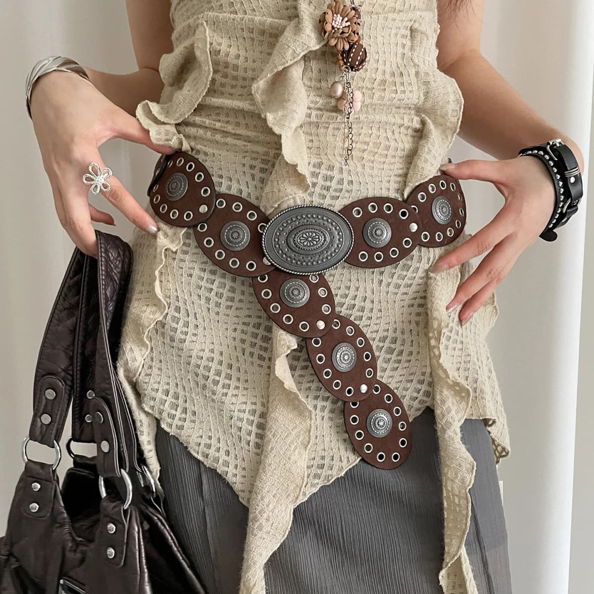1pc New Vintage Style Women'S Faux PU Belt with Oval Rivet Buckle Waistband Vintage Personalized Belts