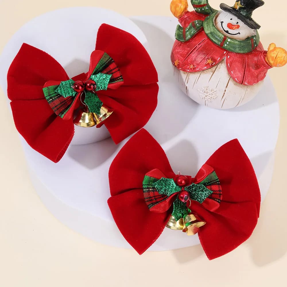 2Pcs Christmas Red Bow Hair Clips With Small Bell For Girls Plaid Pattern Velvet Bow Hairpins Xmas Party Hair Accessories Gifts