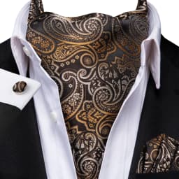 3pcs Mens Yellow Gold Floral Stripes Cravat Ascot Pocket Square Cufflinks Set Wedding Formal Casual Office