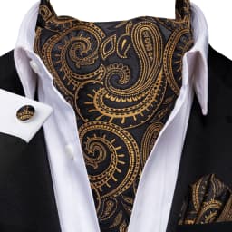3pcs Mens Yellow Gold Floral Stripes Cravat Ascot Pocket Square Cufflinks Set Wedding Formal Casual Office