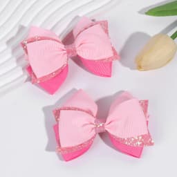 2pcs Sparkling Pink Glitter Bow Hair Clips For Girls Cute Ribbon Bow Hairpins Ideal For Gifts & Casual Attire Hair Accessories