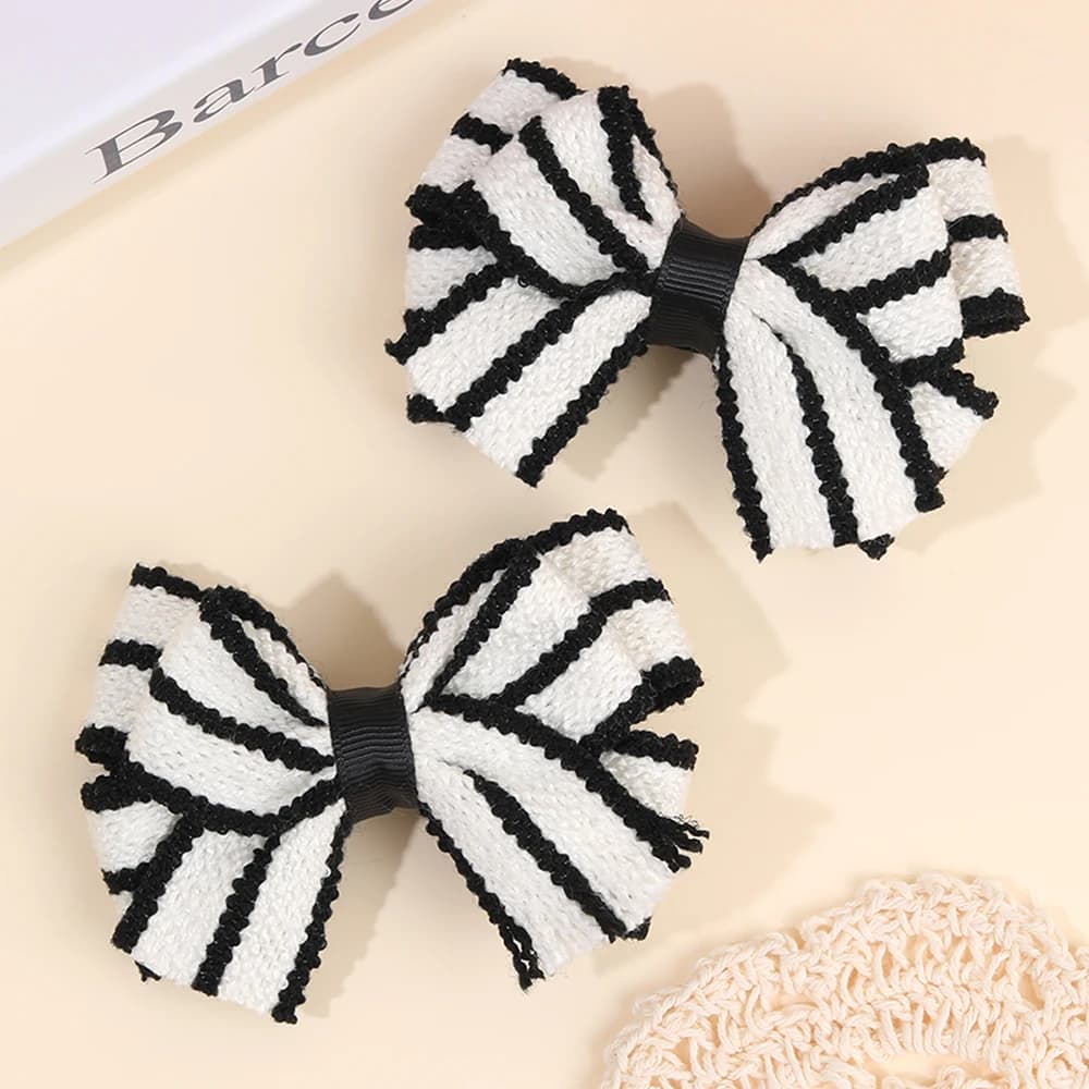 2Pcs Color-Blocked Bow Hair Clips For Girls Elegant Double-layer Black&White Hair Accessories For Girls Soft Trendy Headwear