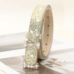 Fashion Bling Bling Sparkling Rhinestone Belt Versatile Glitter PU Leather Belt Luxury Brand Design Slide Buckle Belt Women
