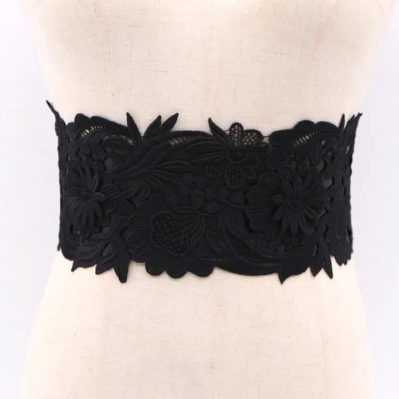 Lace Flower Elastic Wide Waistband for Dress with Snap Button Belt Fashion Wide Belt for Women Black and White