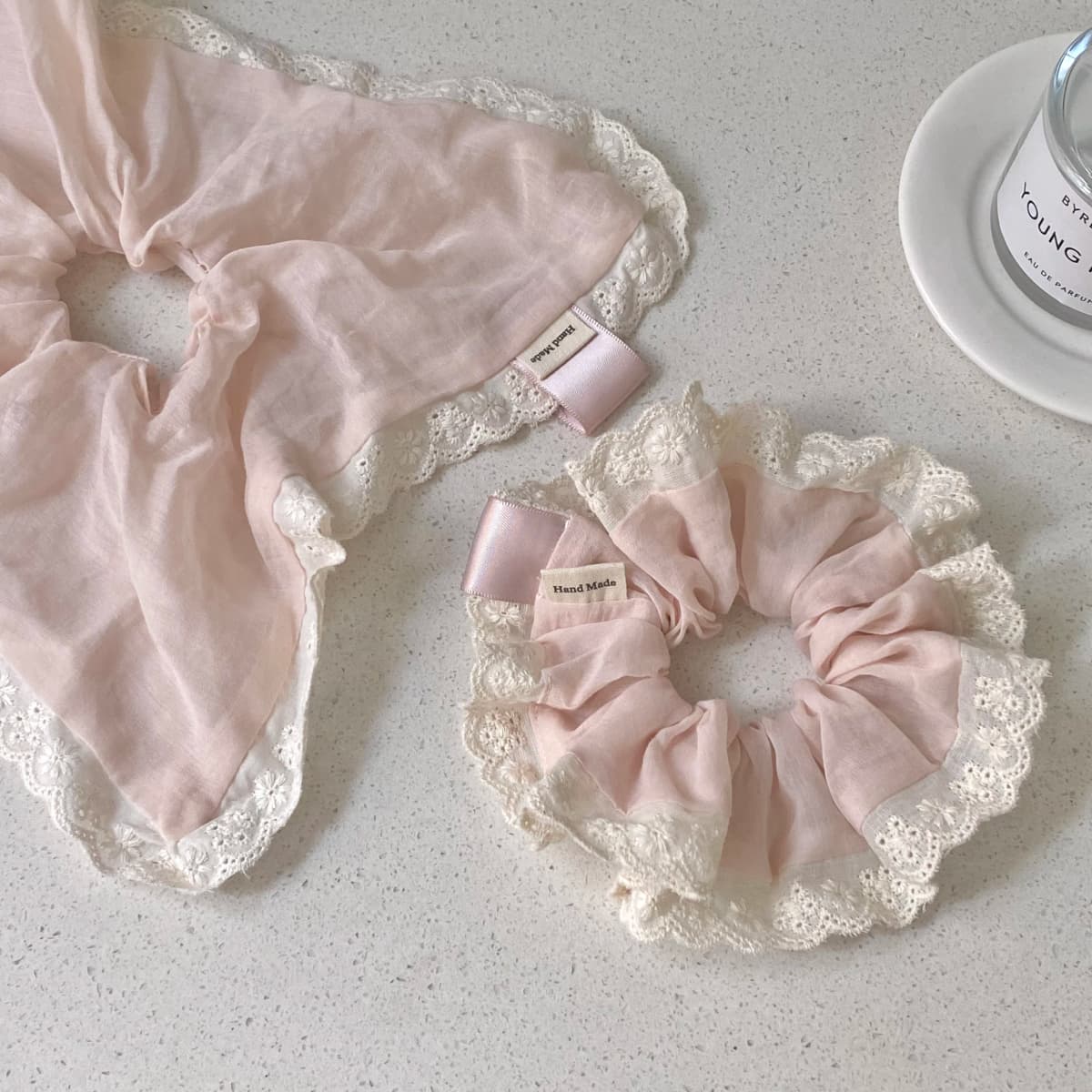 Soft Pink Gentle Lace Large Intestine Scrunchie Sweet Girl's Heart Square Scarf Temperament Ponytail Hair Accessories