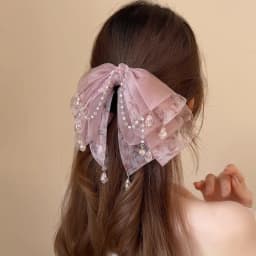 Beautiful Pink Hair Clips for Women Aesthetic Floral Bow with Crystal Chain Decorative Hair Clips