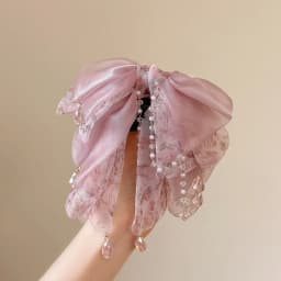 Beautiful Pink Hair Clips for Women Aesthetic Floral Bow with Crystal Chain Decorative Hair Clips