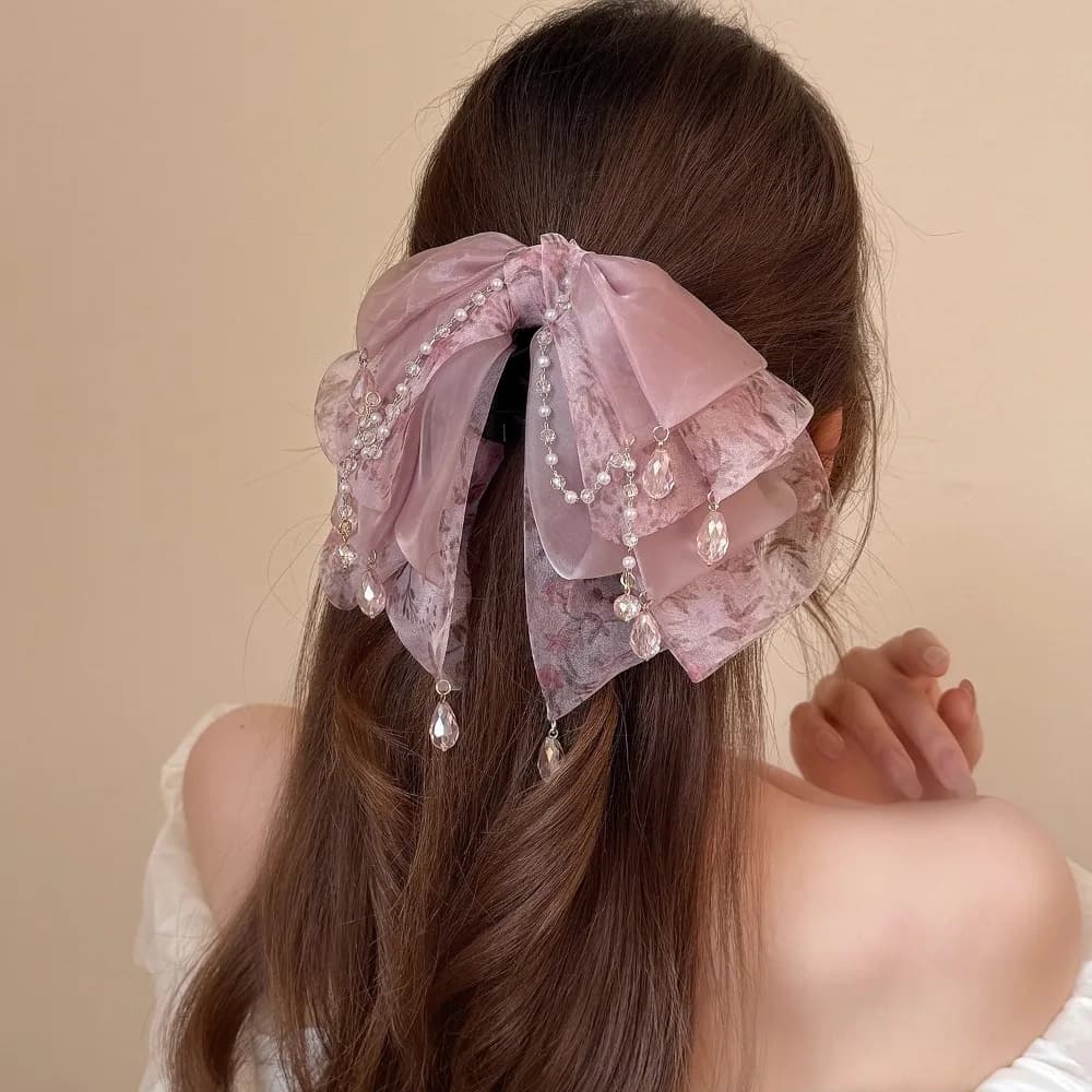 Beautiful Pink Hair Clips for Women Aesthetic Floral Bow with Crystal Chain Decorative Hair Clips