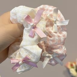 1/2 Pcs Sweet Cream Pink Plaid Hair Ties for Women Imitation Pearl Bowknot Scrunchies Elastic Ponytail Holders Daily M