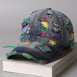 Unisex Retro Distressed Denim Baseball Cap - Adjustable Snap-Button Korean Style Ripped Cap, Breathable Washed Denim Fabric
