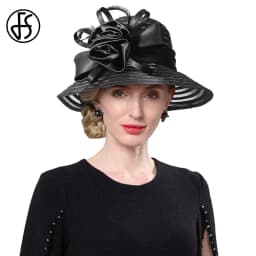 FS Black Red Floppy Organza Fascinators Hats Big Flower Church Hat For Women Elegant Wide Brim Wedding Bride Cap Chapeau Femme